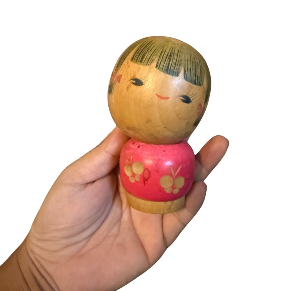 Vintage Kokeshi Doll Girl Wood Carved Pink Dress Figurine